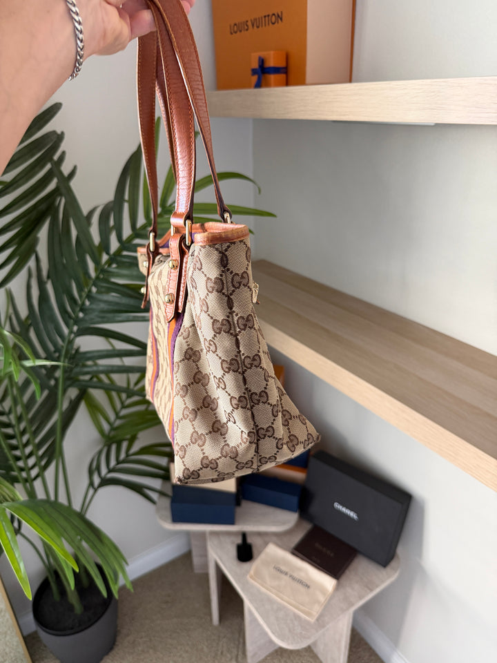 Gucci GG Sherry Web Tote Bag Beige x Orange x Purple w/Charms TRY6