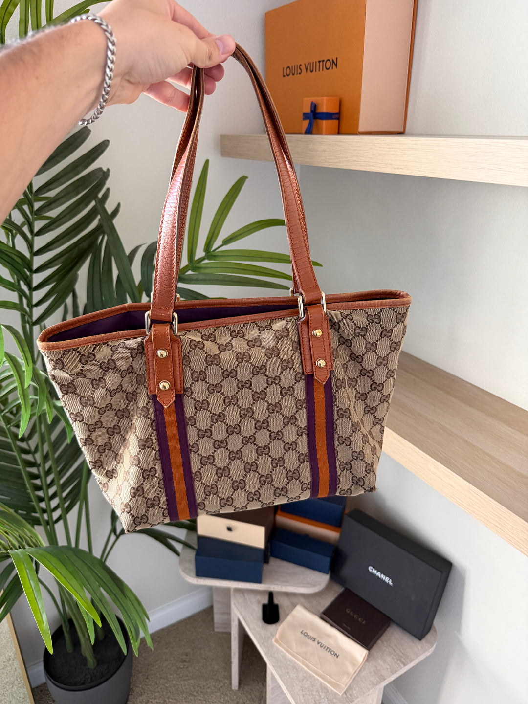 Gucci GG Sherry Web Tote Bag Beige x Orange x Purple w/Charms TRY6