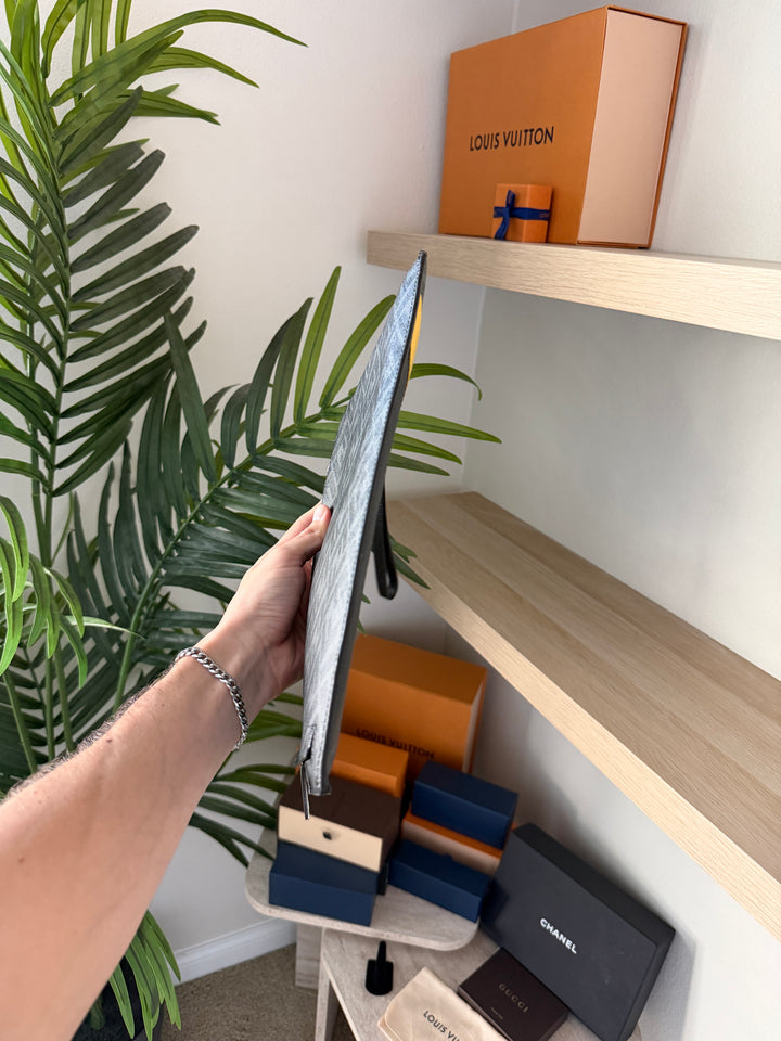 Fendi Zucca Leather Clutch Bag Black x Yellow x Gray w/Wristlet TRY4