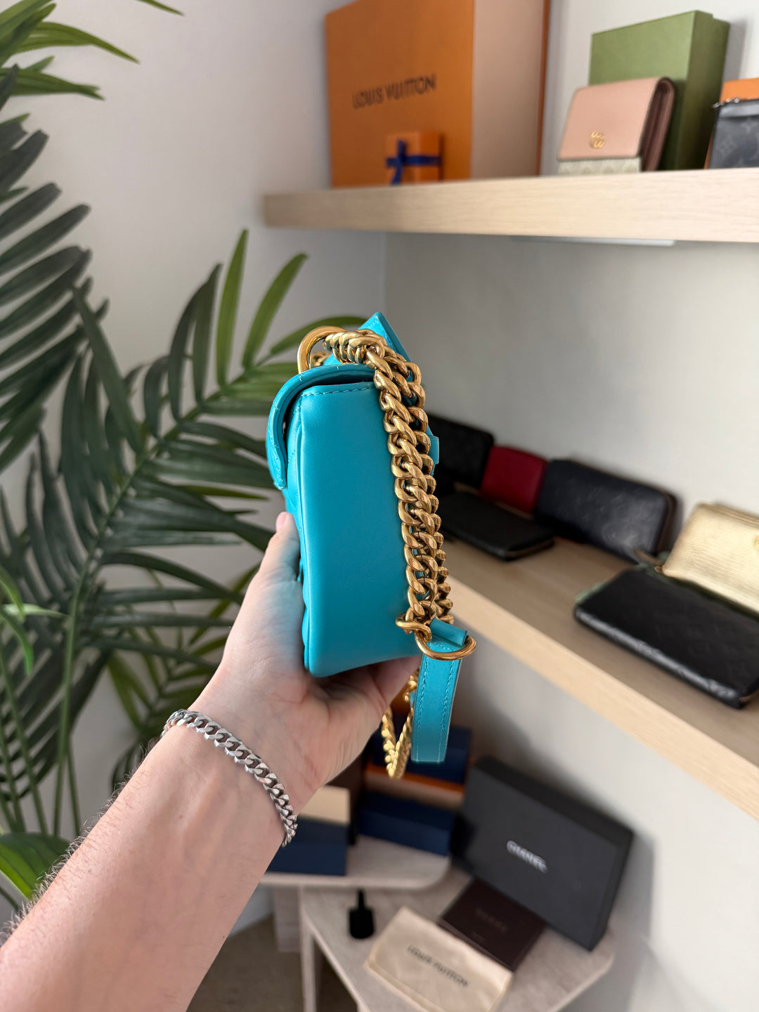 Louis Vuitton New Wave PM Chain Shoulder Bag Baby Blue w/Dust Bag QAS3