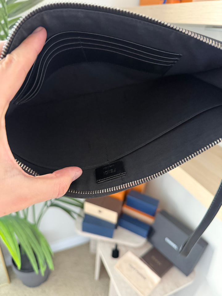 Fendi Zucca Leather Clutch Bag Black x Yellow x Gray w/Wristlet TRY4