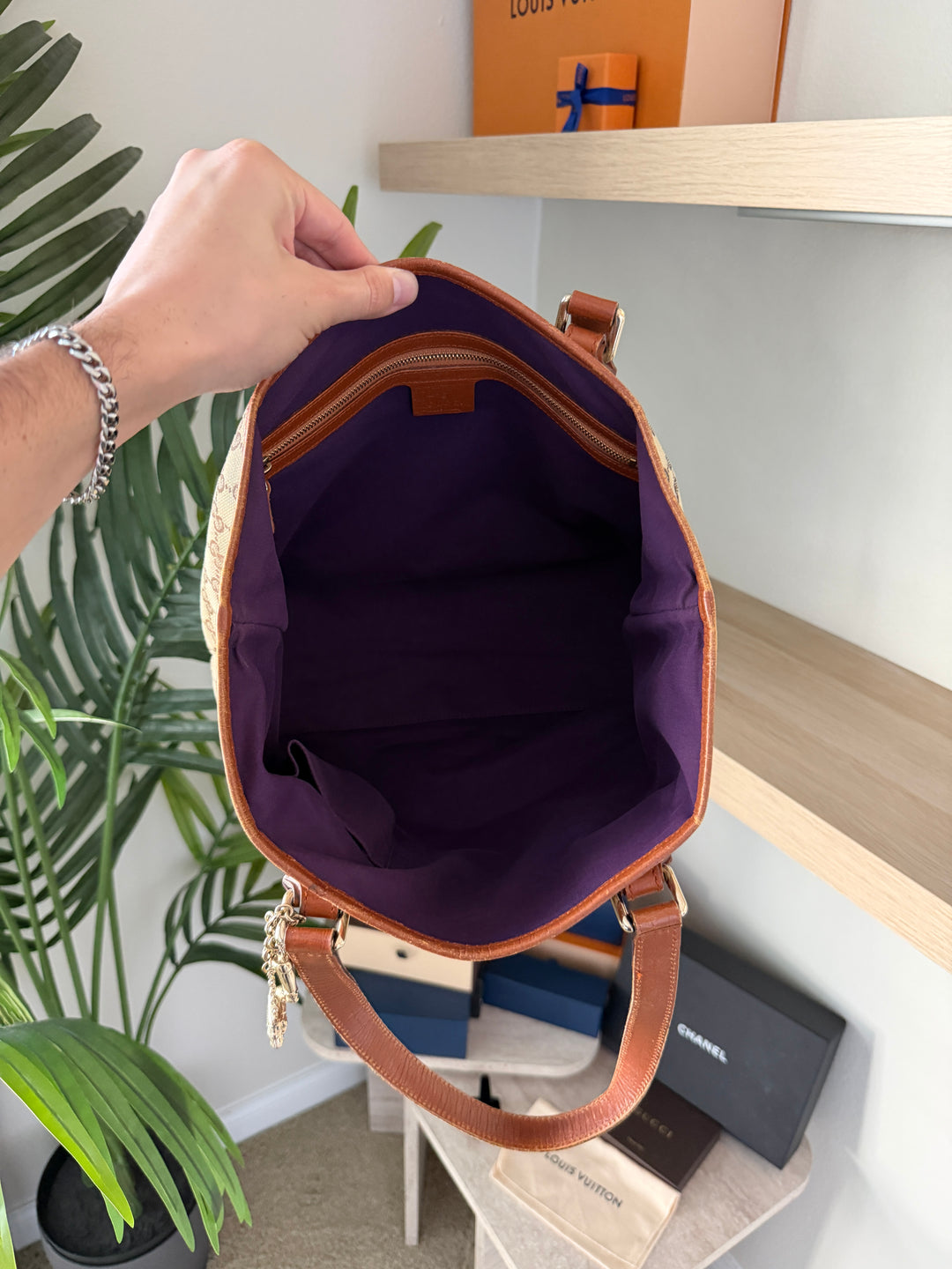 Gucci GG Sherry Web Tote Bag Beige x Orange x Purple w/Charms TRY6