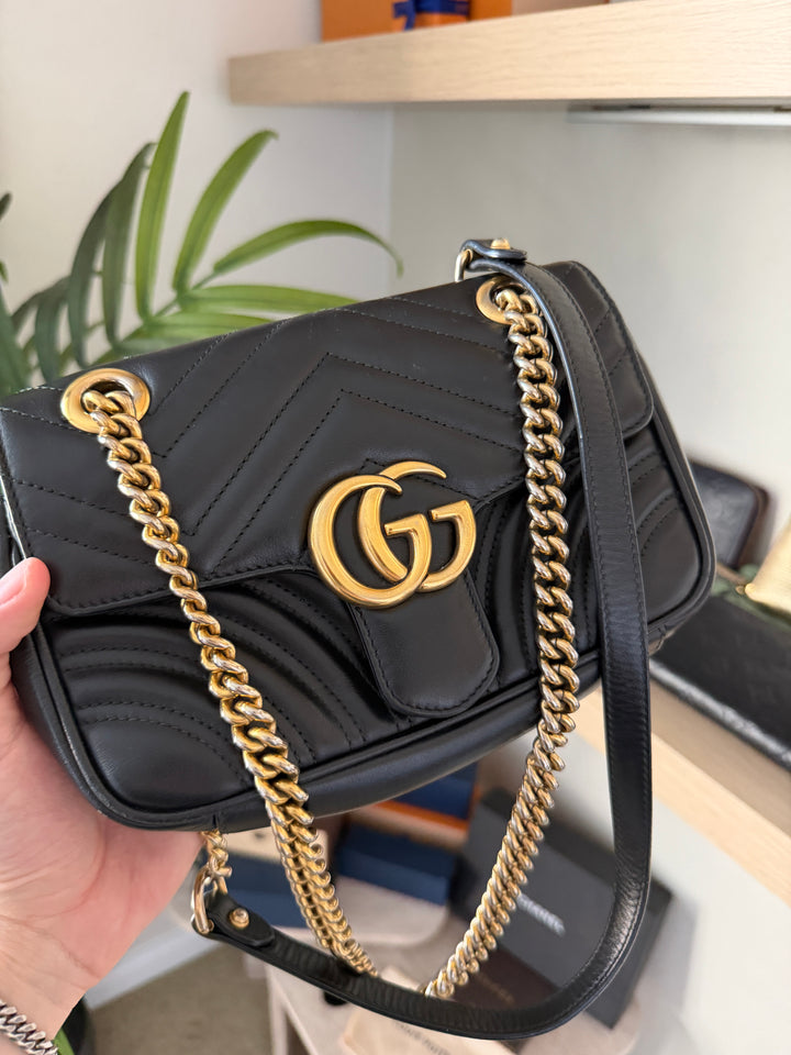 Gucci GG Marmont Leather Chain Shoulder Bag Black QAS4