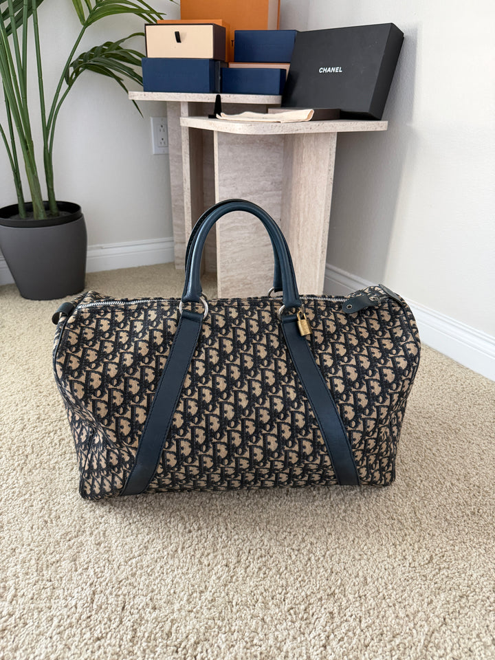 Dior Trotter Canvas x Leather Boston Bag Navy Blue x Black w/Lock VTR9