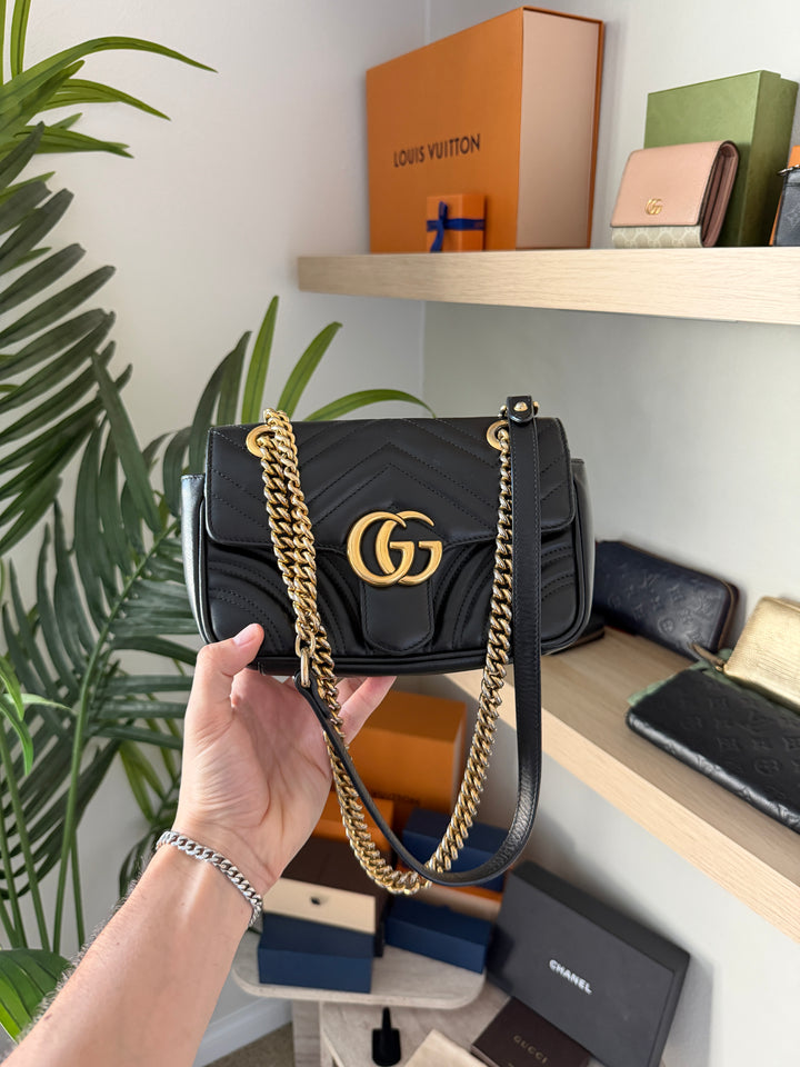 Gucci GG Marmont Leather Chain Shoulder Bag Black QAS4