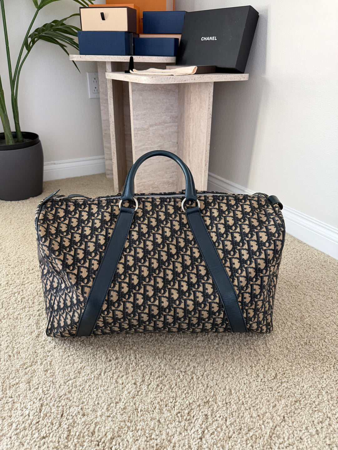 Dior Trotter Canvas x Leather Boston Bag Navy Blue x Black w/Lock VTR9