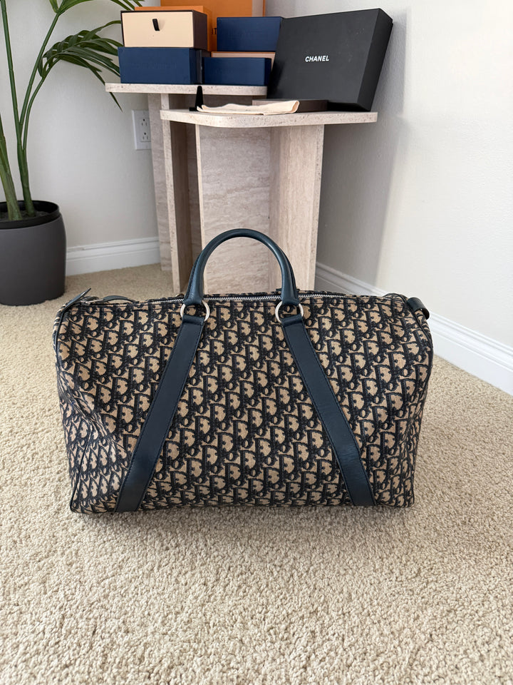 Dior Trotter Canvas x Leather Boston Bag Navy Blue x Black w/Lock VTR9