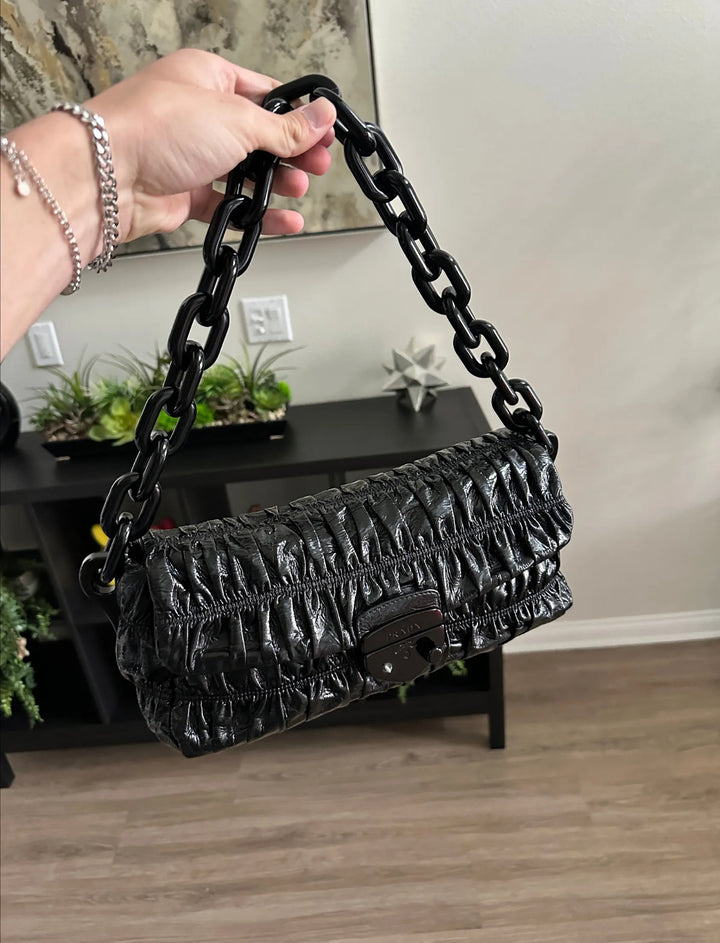 Prada Patent Leather Chain Shoulder Bag Black RT45