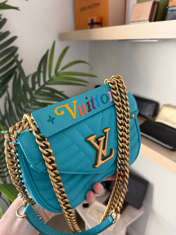 Louis Vuitton New Wave PM Chain Shoulder Bag Baby Blue w/Dust Bag QAS3