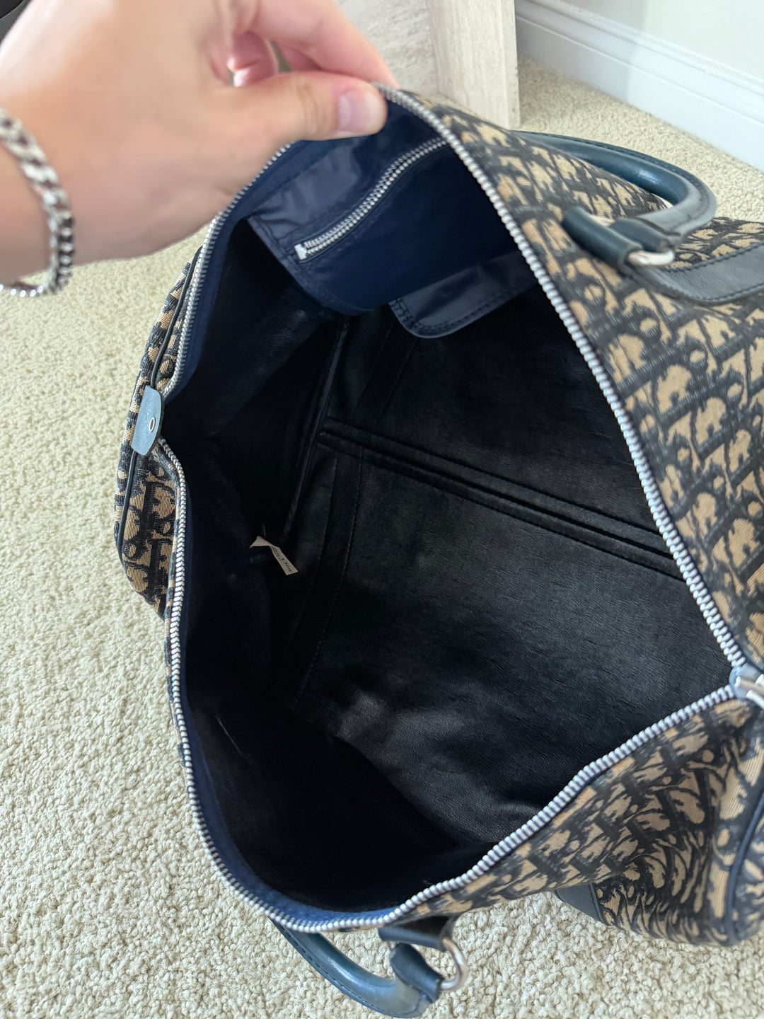 Dior Trotter Canvas x Leather Boston Bag Navy Blue x Black w/Lock VTR9