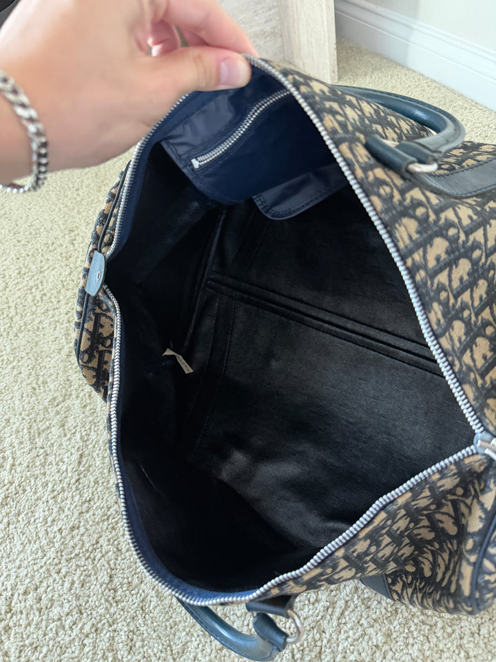 Dior Trotter Canvas x Leather Boston Bag Navy Blue x Black w/Lock VTR9