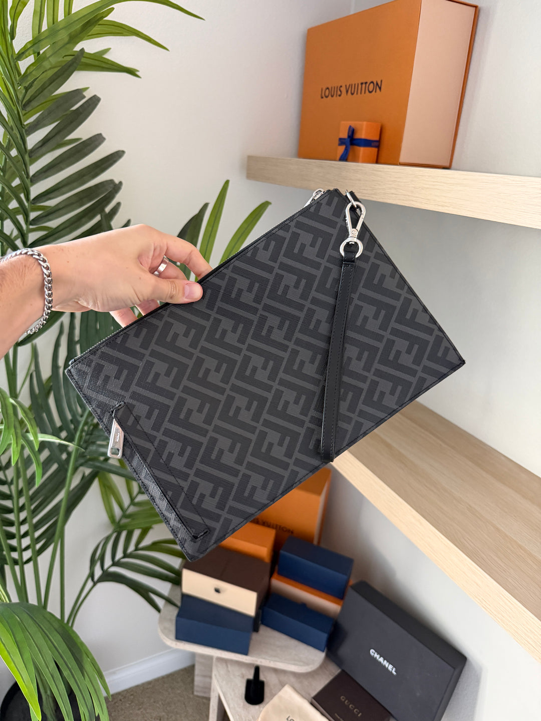 Fendi Zucca Leather Clutch Bag Black x Yellow x Gray w/Wristlet TRY4