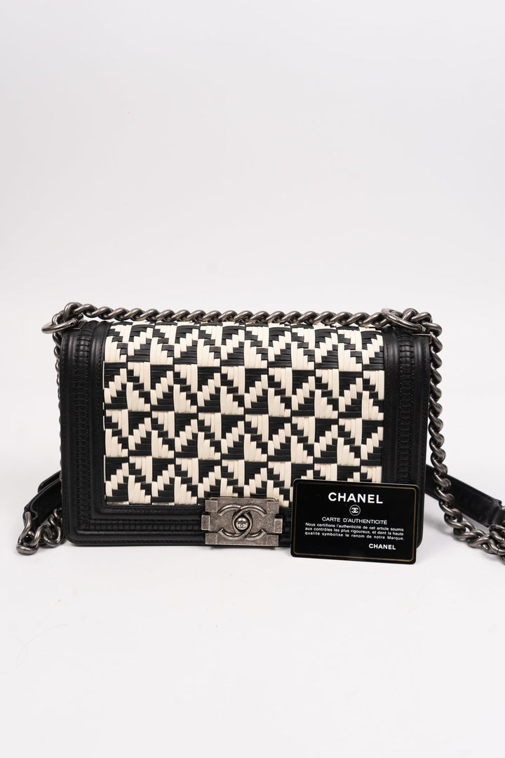 Chanel Boy Chanel 25 Lambskin Chain Shoulder Bag Black x White EX14