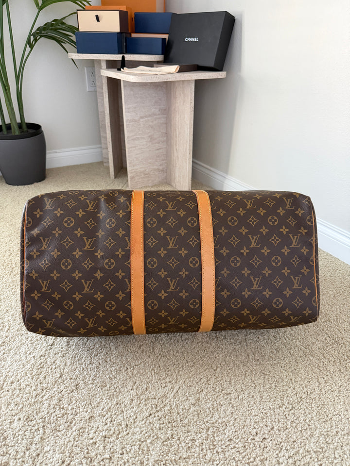 Louis Vuitton Monogram Keepall 55 Travel Boston Bag Brown w/Lock & Key TRY3