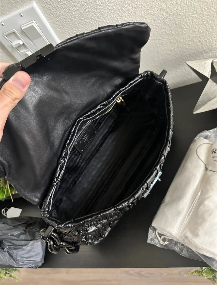 Prada Patent Leather Chain Shoulder Bag Black RT45
