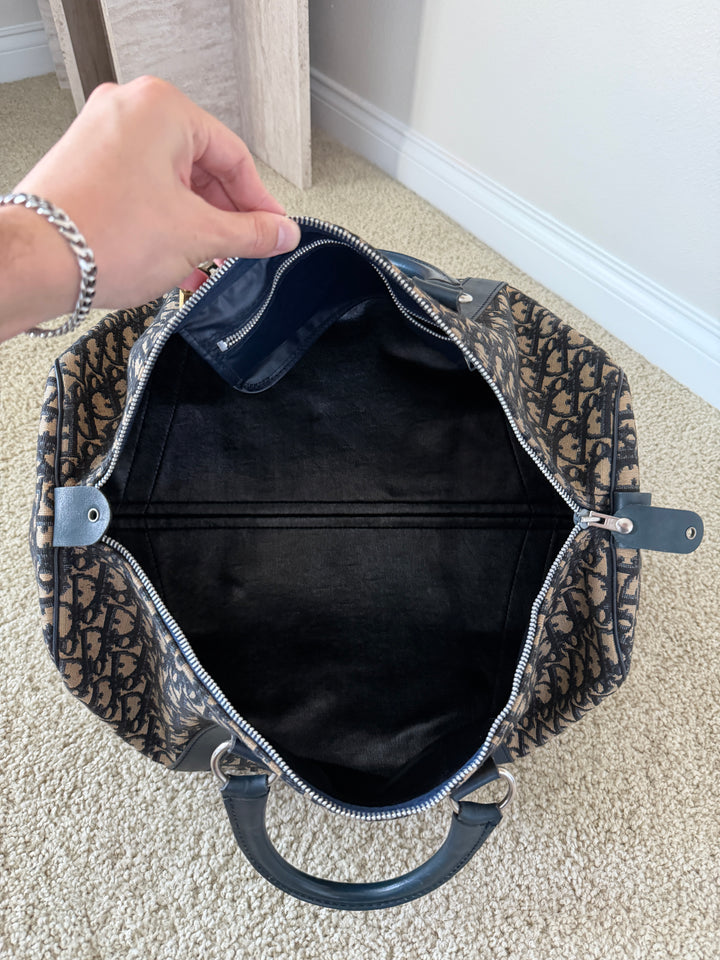 Dior Trotter Canvas x Leather Boston Bag Navy Blue x Black w/Lock VTR9