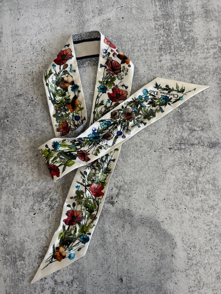 Dior Mitzvah Silk Scarf w/Flowers White RT16
