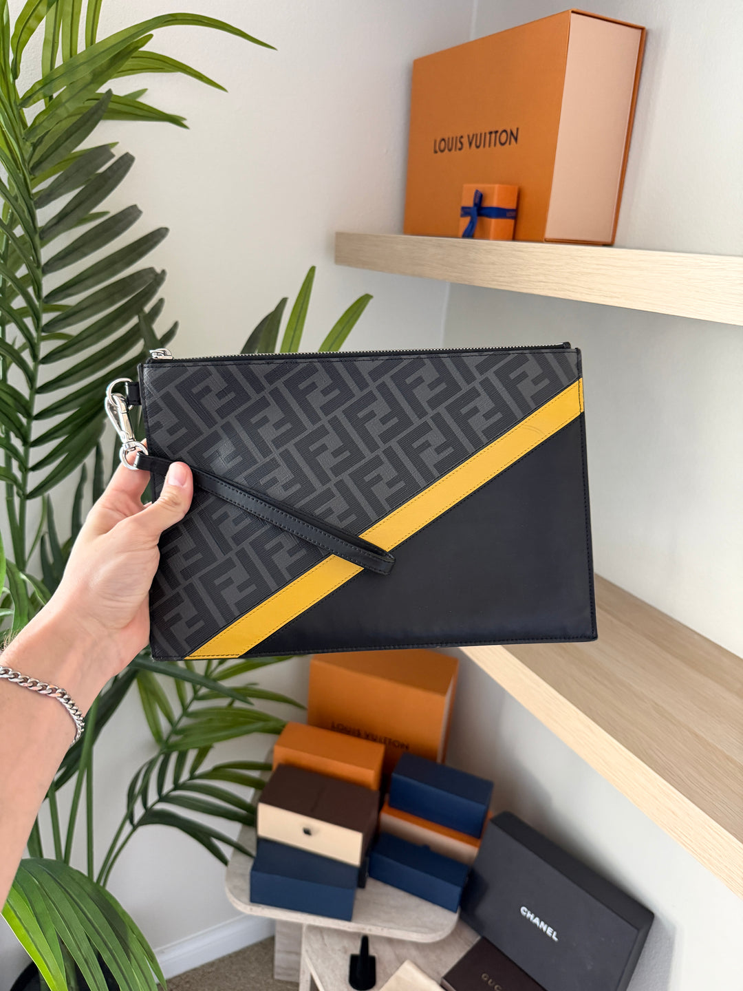 Fendi Zucca Leather Clutch Bag Black x Yellow x Gray w/Wristlet TRY4