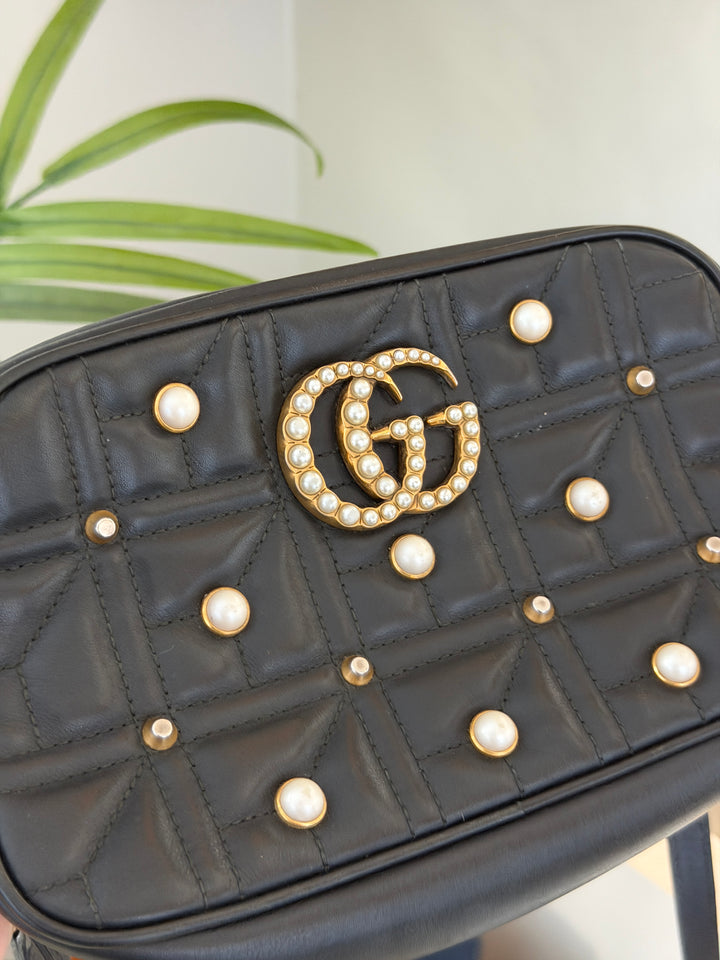 Gucci GG Marmont Leather x Pearl Chain Shoulder Bag QAS7