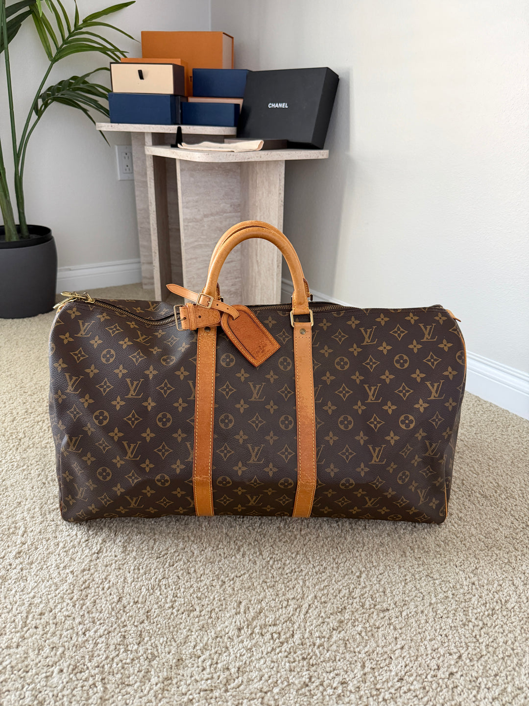 Louis Vuitton Monogram Keepall 55 Travel Boston Bag Brown w/Lock & Key TRY3