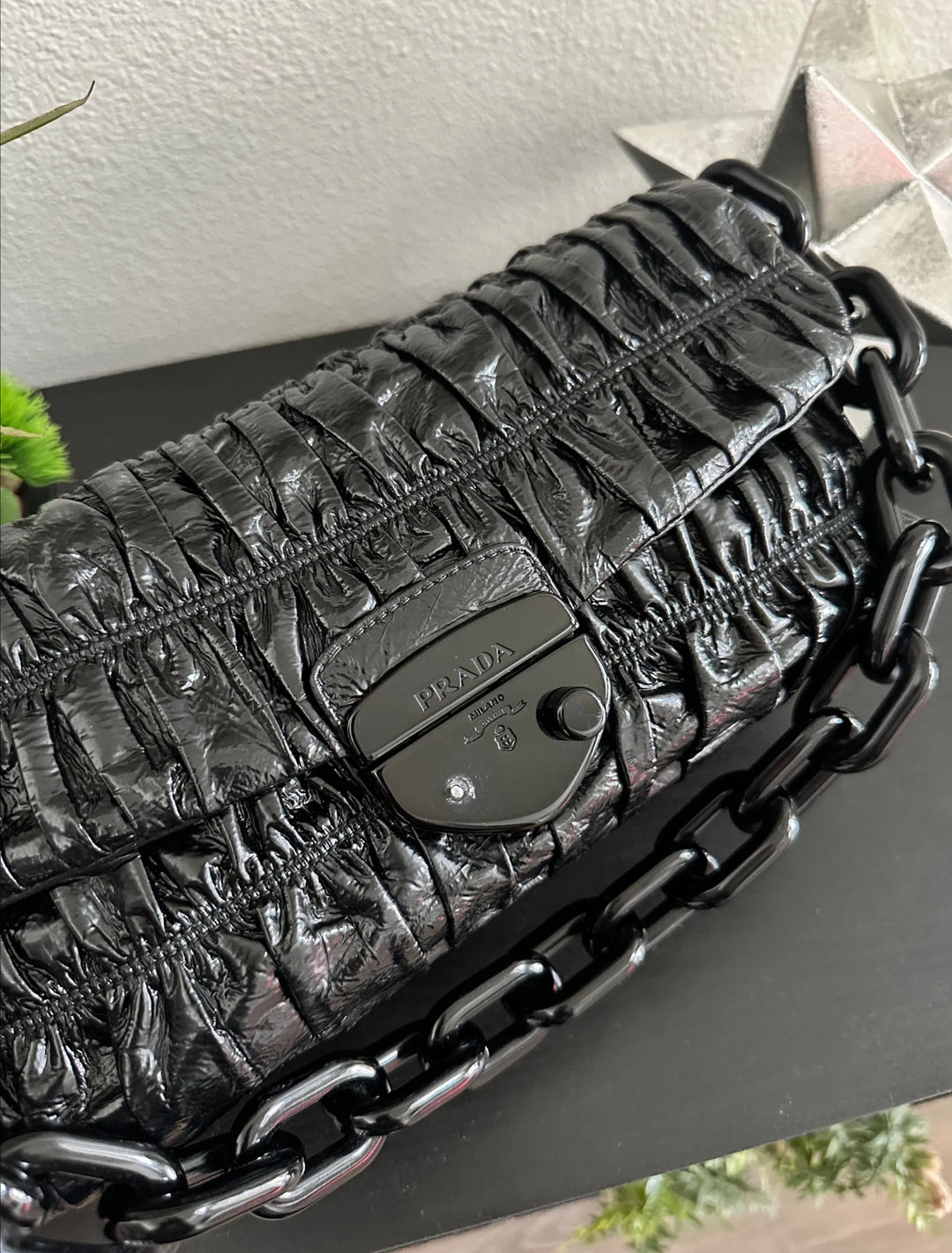 Prada Patent Leather Chain Shoulder Bag Black RT45