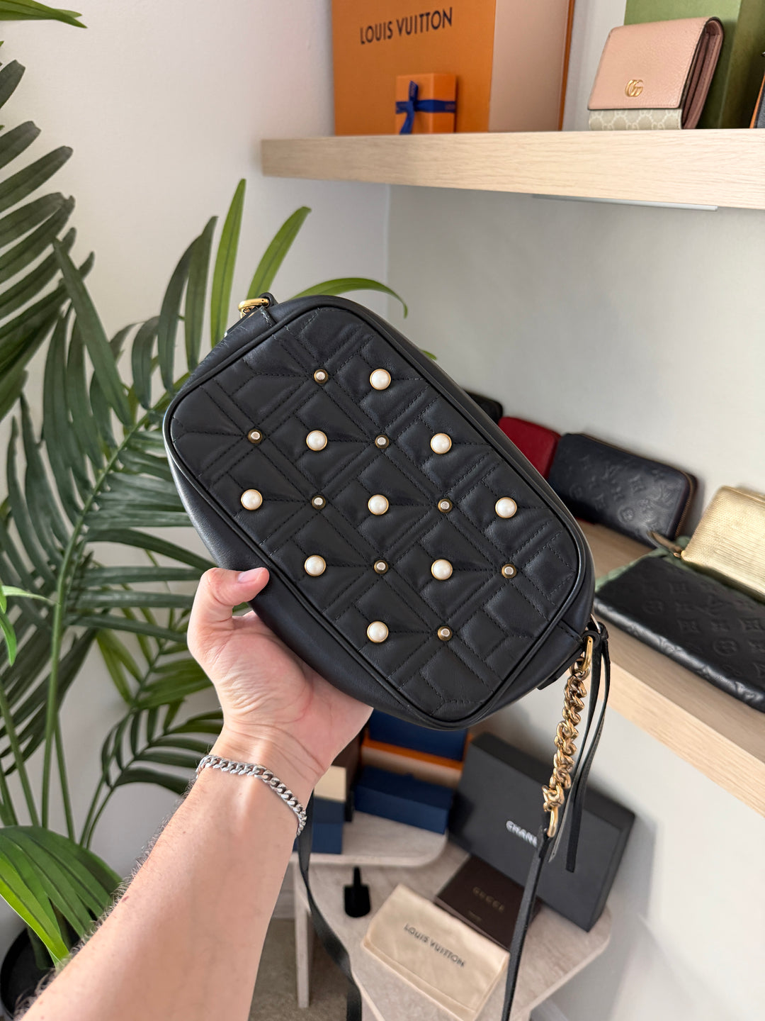 Gucci GG Marmont Leather x Pearl Chain Shoulder Bag QAS7