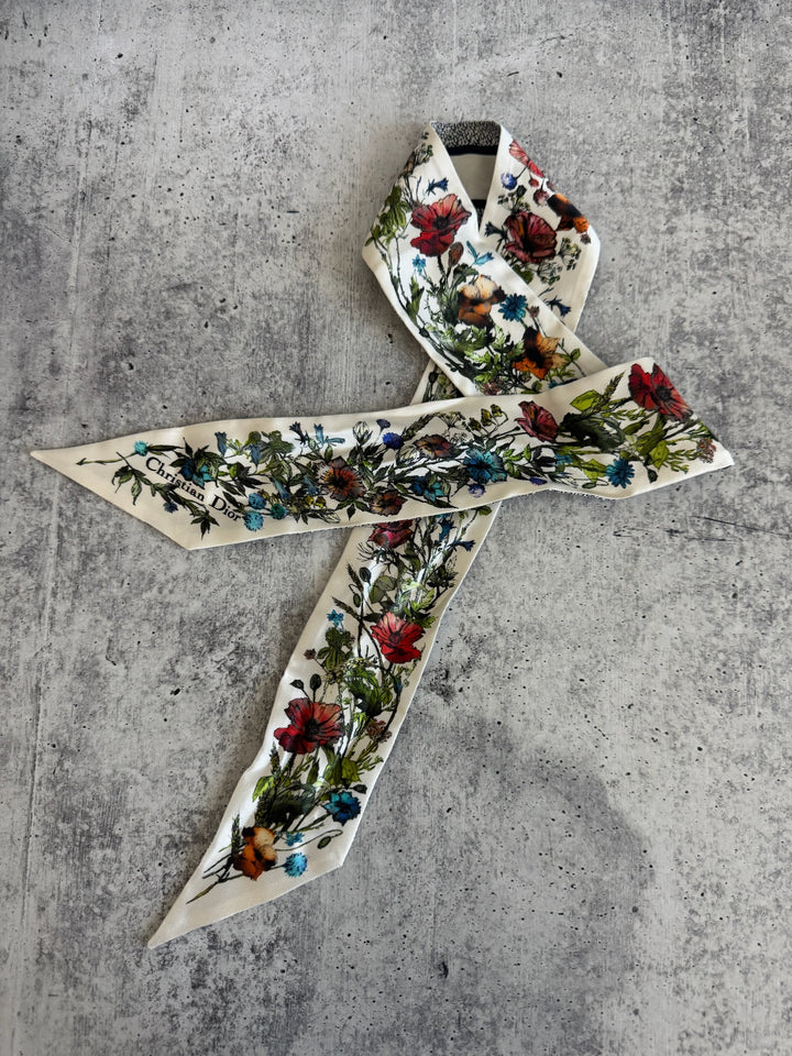 Dior Mitzvah Silk Scarf w/Flowers White RT16