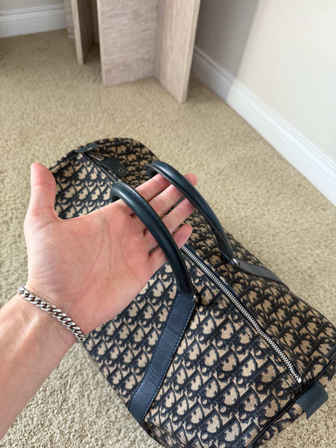 Dior Trotter Canvas x Leather Boston Bag Navy Blue x Black w/Lock VTR9