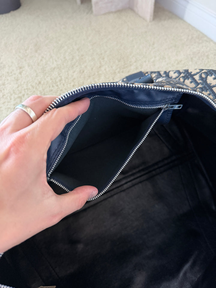 Dior Trotter Canvas x Leather Boston Bag Navy Blue x Black w/Lock VTR9