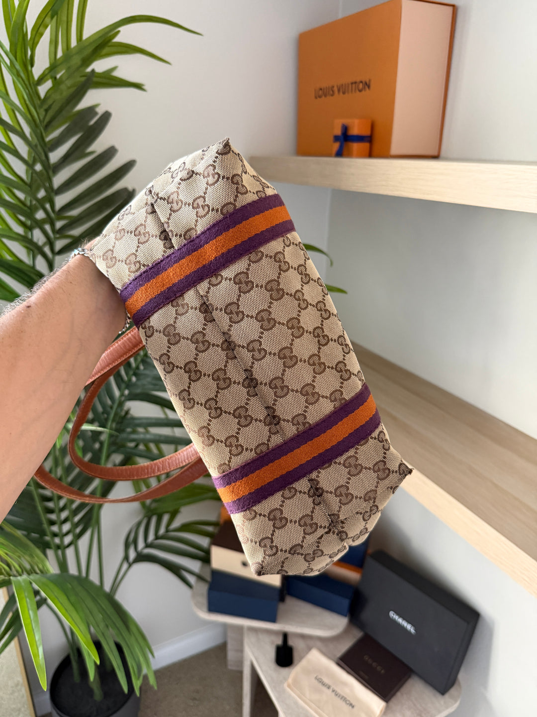 Gucci GG Sherry Web Tote Bag Beige x Orange x Purple w/Charms TRY6