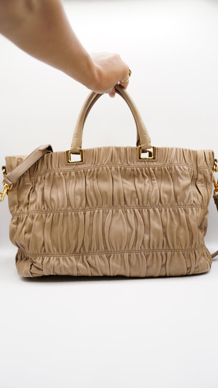 Prada Calf Leather Large Shoulder Bag Beige SF1