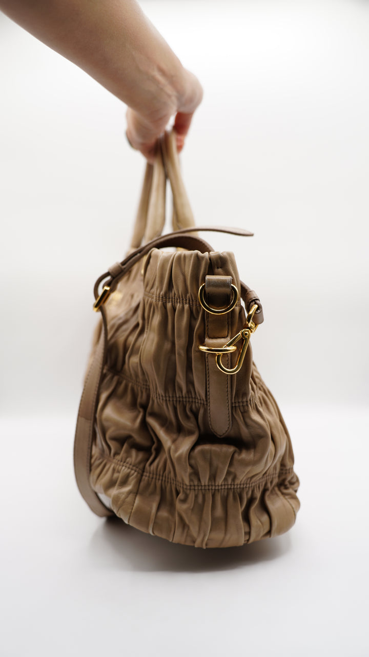 Prada Calf Leather Large Shoulder Bag Beige SF1