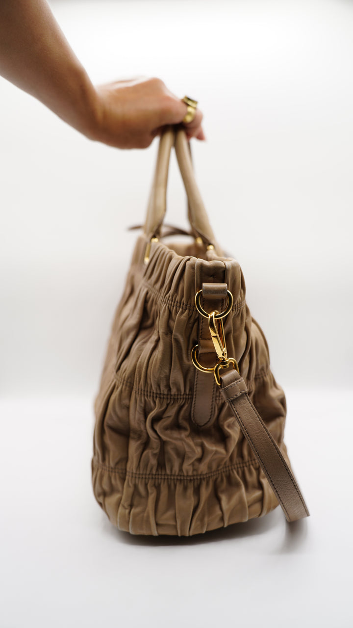 Prada Calf Leather Large Shoulder Bag Beige SF1