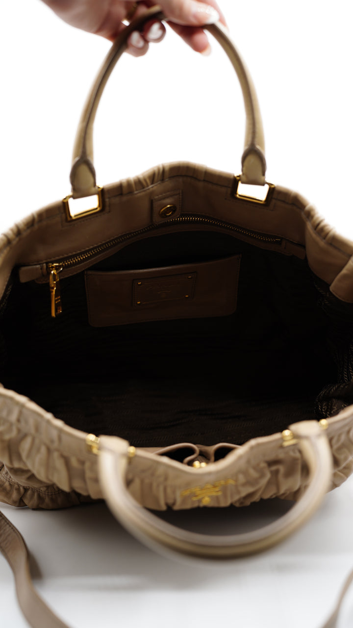 Prada Calf Leather Large Shoulder Bag Beige SF1