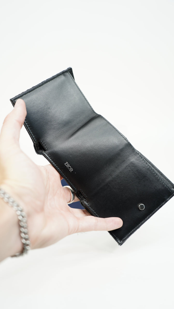 Dior Oblique Canvas x Leather Compact Snap Trifold Wallet Black BM11