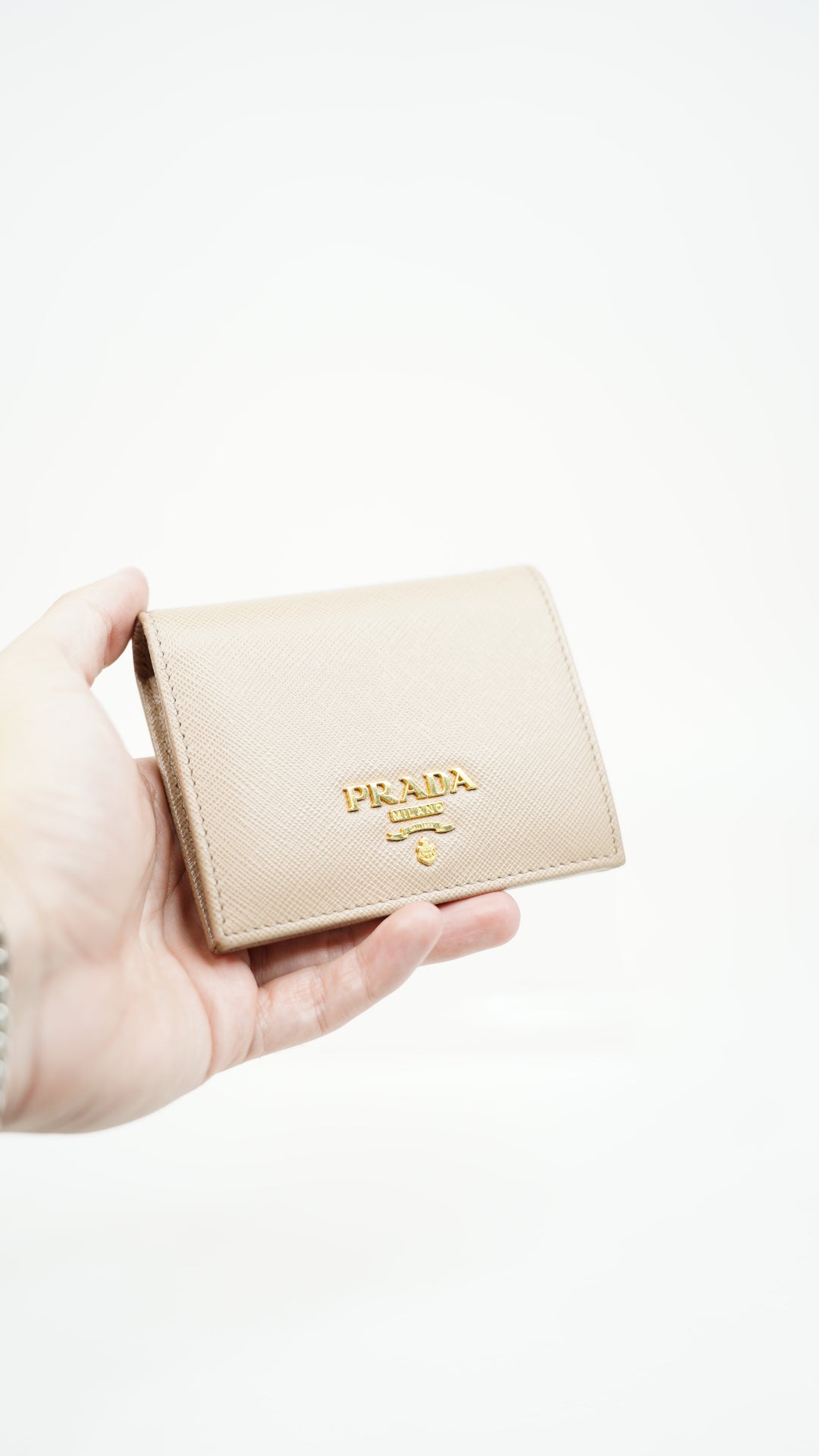 Prada Saffiano Compact Snap Bifold Wallet Beige BM5