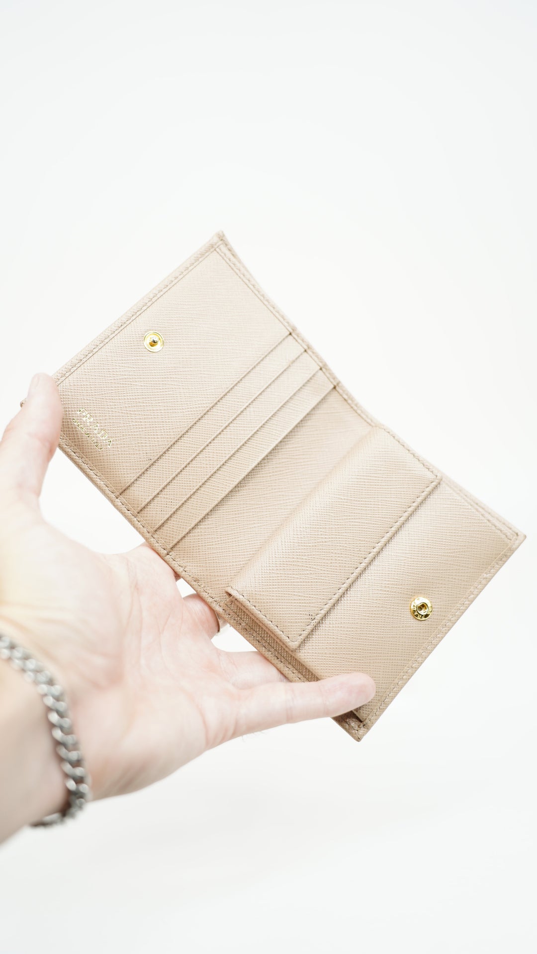 Prada Saffiano Compact Snap Bifold Wallet Beige BM5