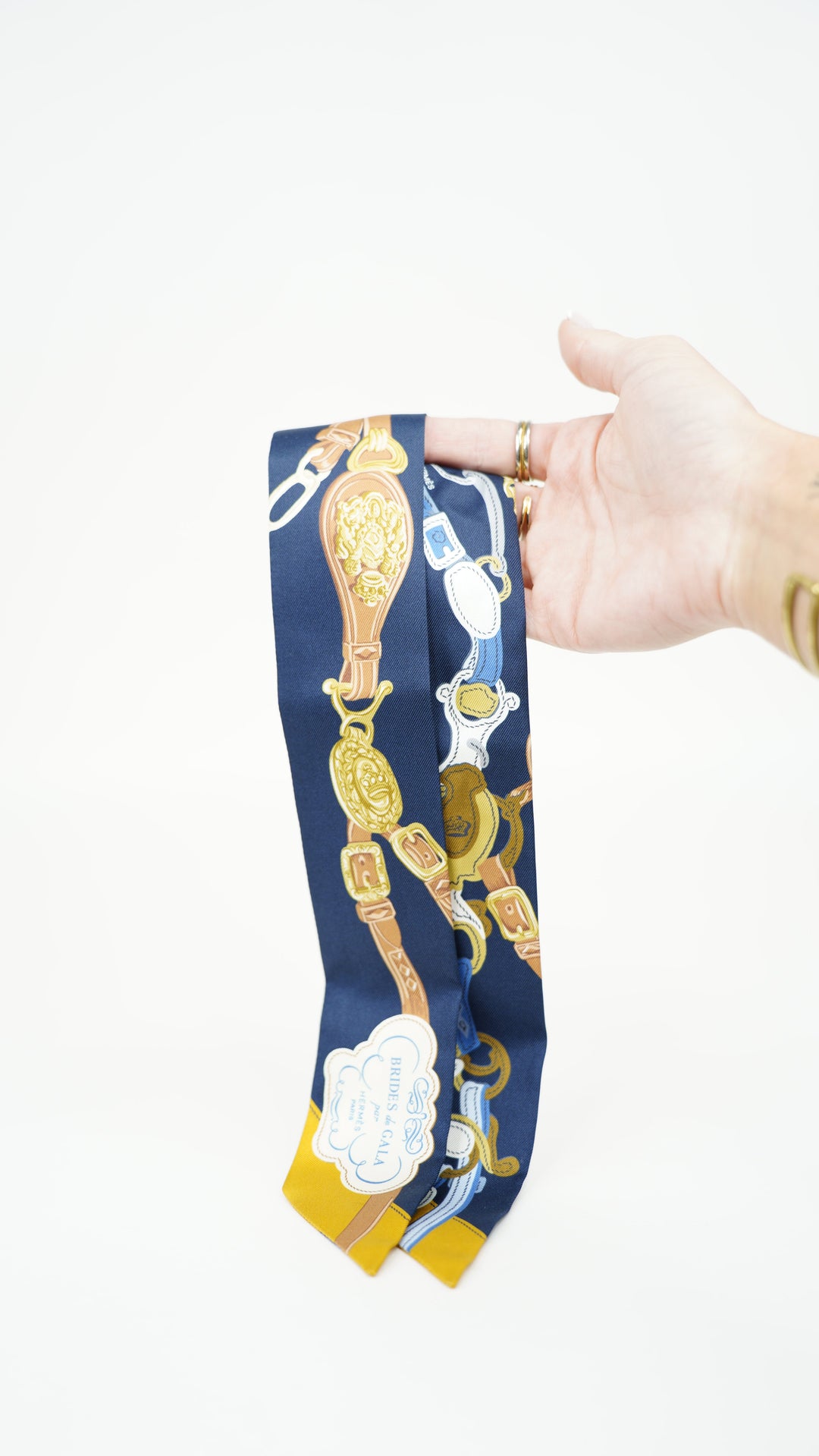 Hermes Twilly Brides De Gala Ceremony Hose Silk Twilly Navy Blue x Gold BM34