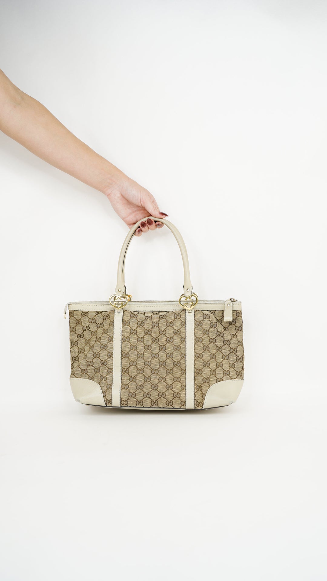 Gucci Heart GG Canvas Tote Bag Beige x Brown #245