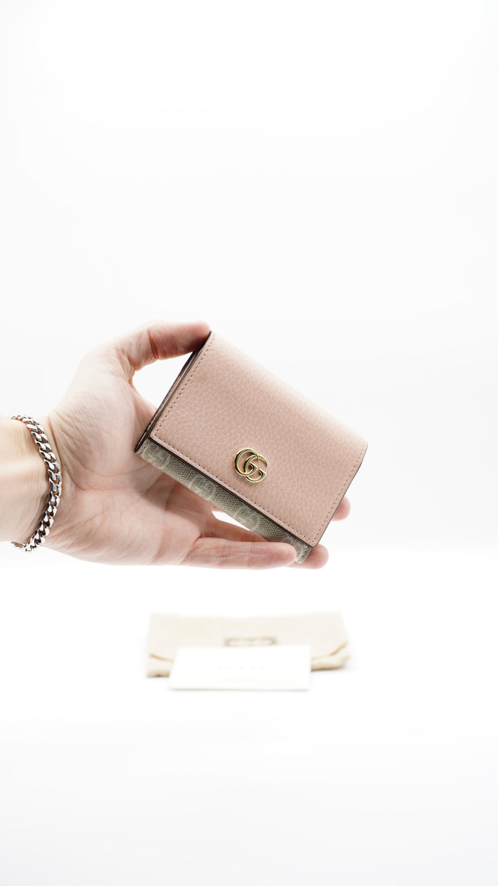 Gucci GG Marmont Single Snap Card Case Wallet Beige x Pink #237