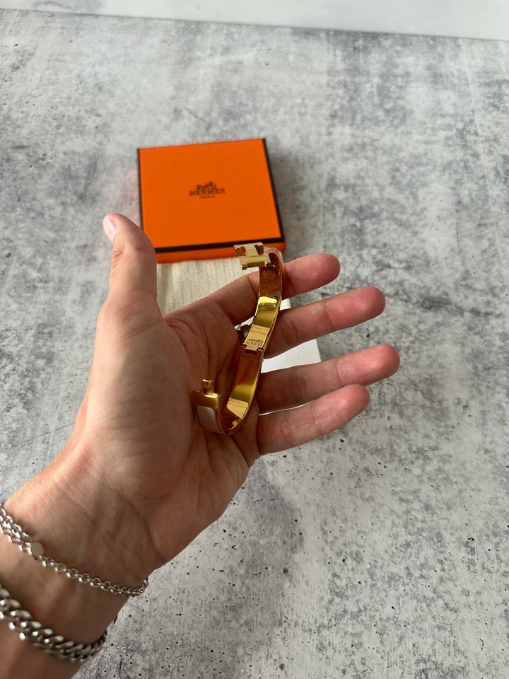 Hermes Gold Clic-Clac H Bangle PM Size Pink Enamel QA13