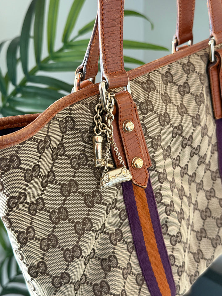 Gucci GG Sherry Web Tote Bag Beige x Orange x Purple w/Charms TRY6