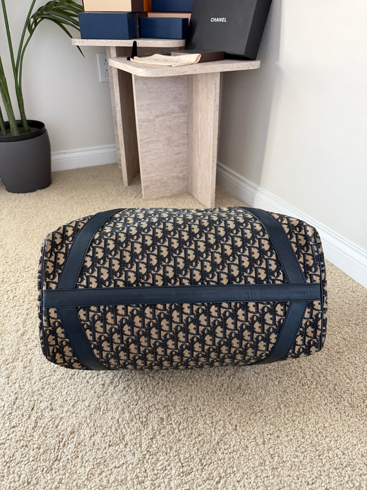 Dior Trotter Canvas x Leather Boston Bag Navy Blue x Black w/Lock VTR9