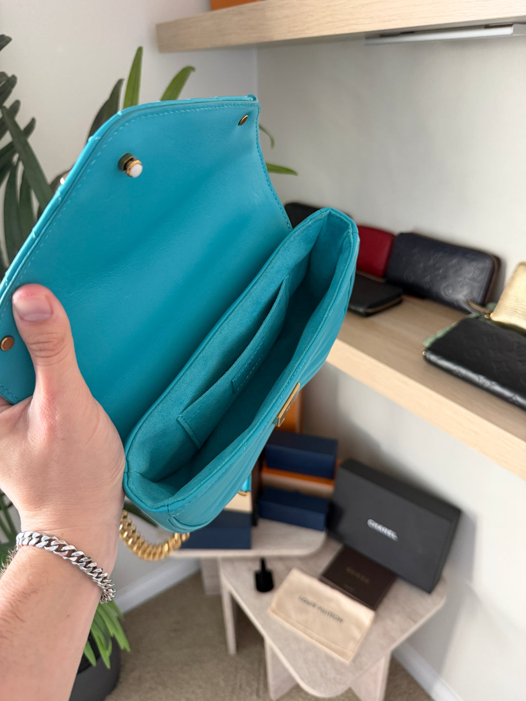 Louis Vuitton New Wave PM Chain Shoulder Bag Baby Blue w/Dust Bag QAS3