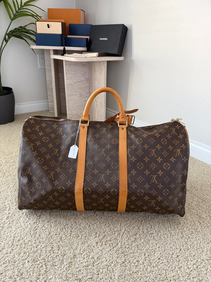Louis Vuitton Monogram Keepall 55 Travel Boston Bag Brown w/Lock & Key TRY3