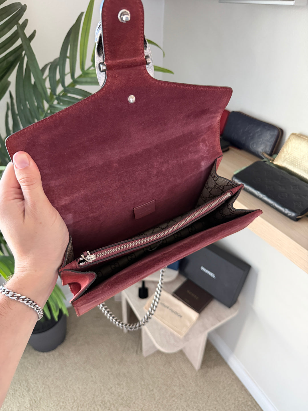 Gucci GG Blooms Dionysus PVC x Suede Chain Shoulder Bag Beige QAS6