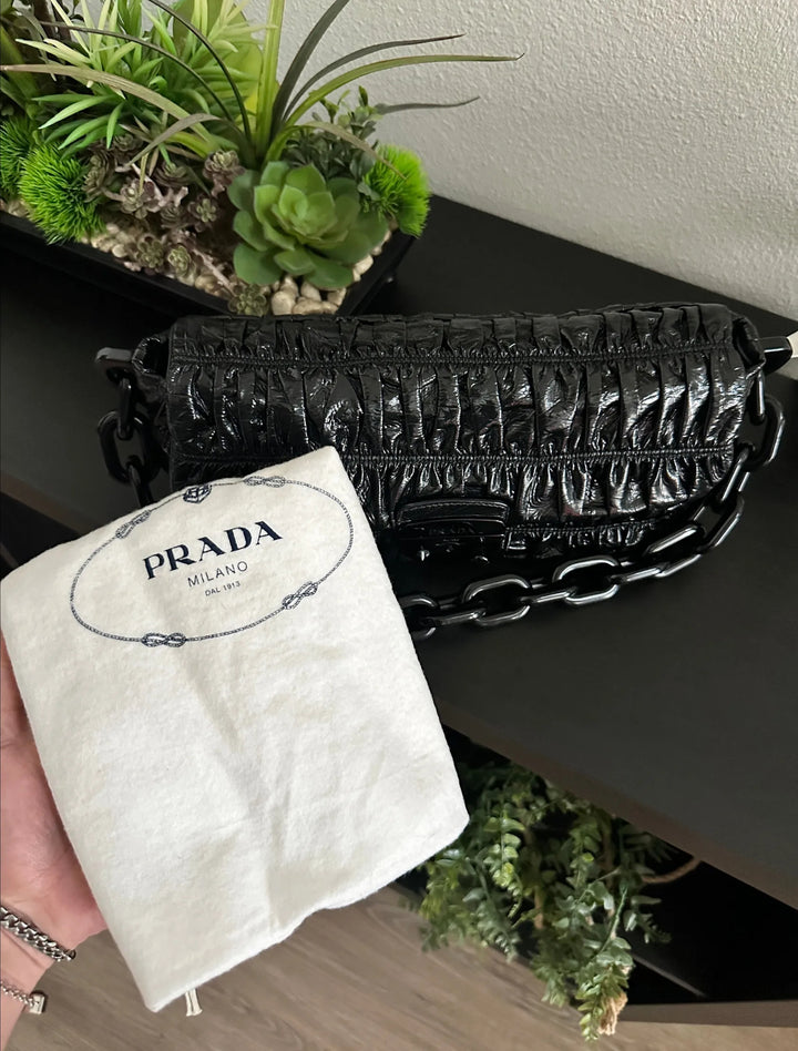 Prada Patent Leather Chain Shoulder Bag Black RT45