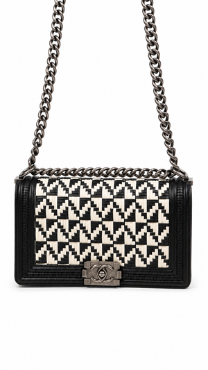 Chanel Boy Chanel 25 Lambskin Chain Shoulder Bag Black x White EX14